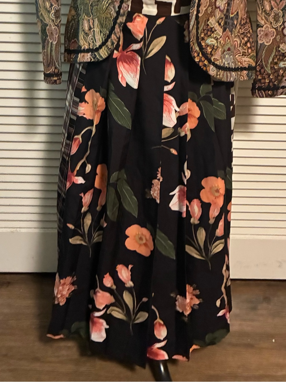 Black Floral Maxi Skirt with Peach Blooms